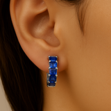 5.04ct G SI 14K White Gold Emerald Cut Blue Sapphire Gemstones Hoop Huggie Earrings