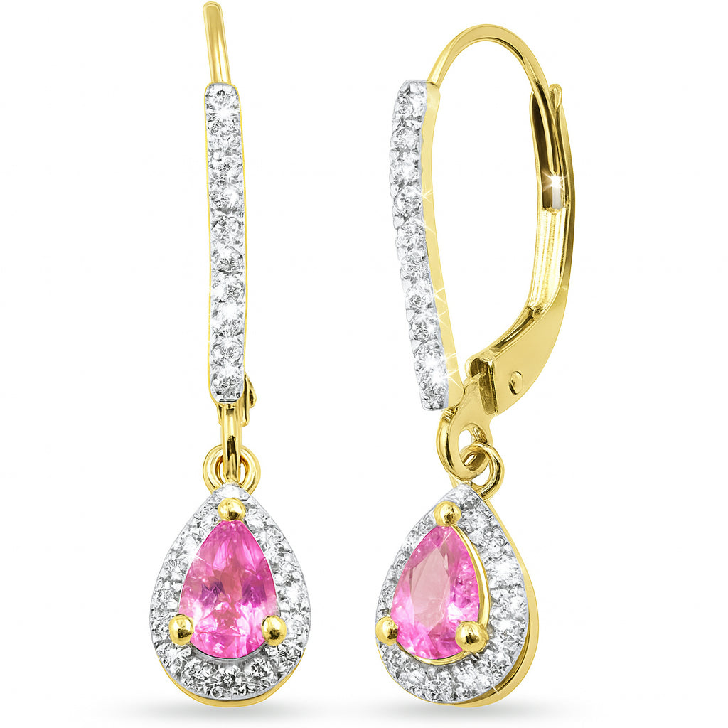 .69ct G SI 14K Yellow Gold Diamond & Pink Sapphire Gemstone Lever Back Earrings