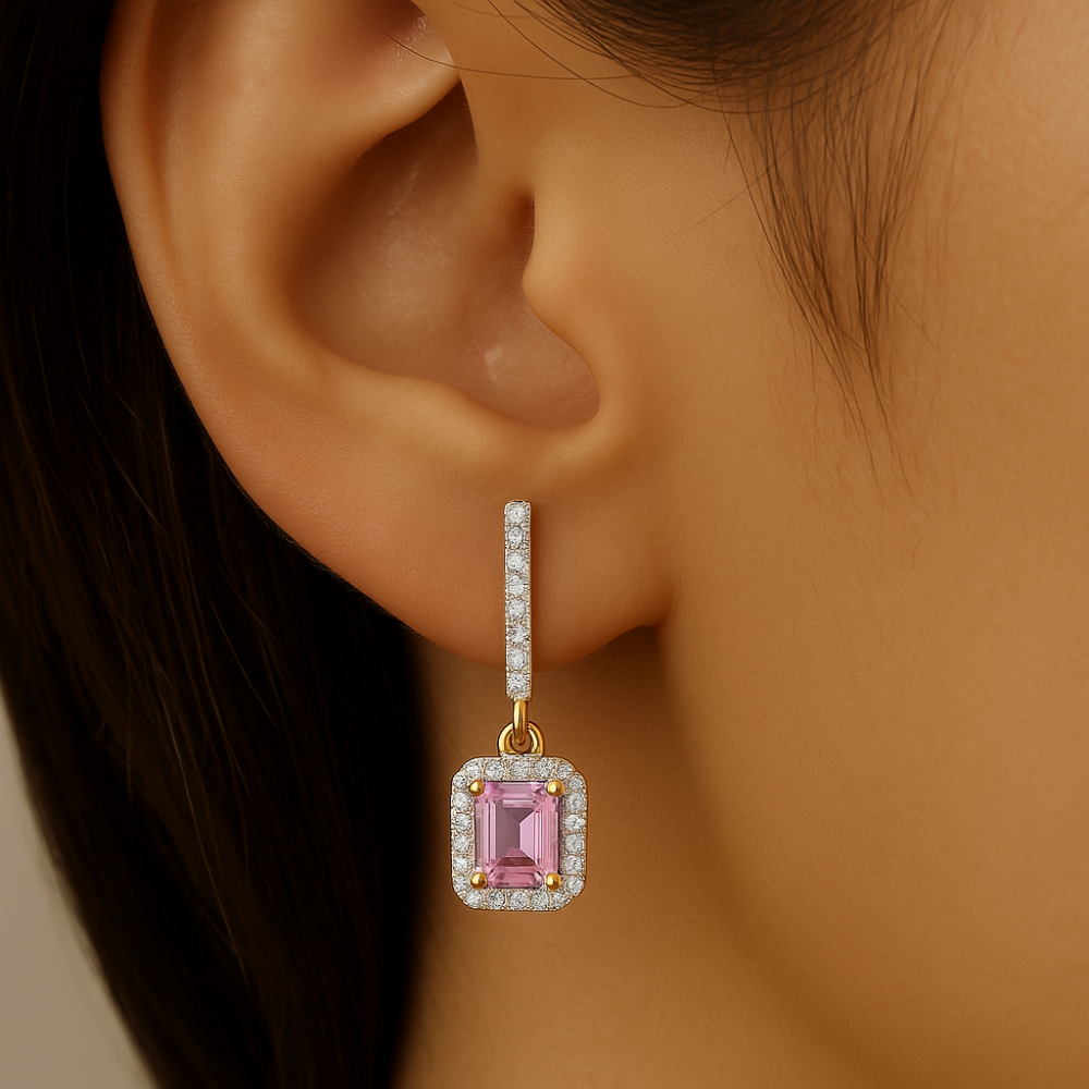 1.04ct G SI 14K Yellow Gold Diamond & Pink Sapphire Gemstone Lever Back Earrings