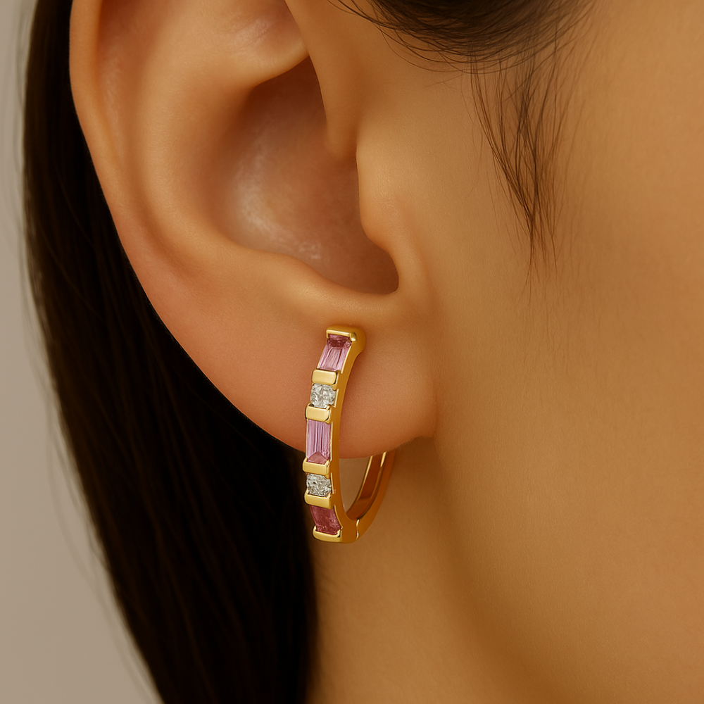 .23ct G SI 14K Yellow Gold Diamond & Pink Sapphire Gemstone Hoop Earrings