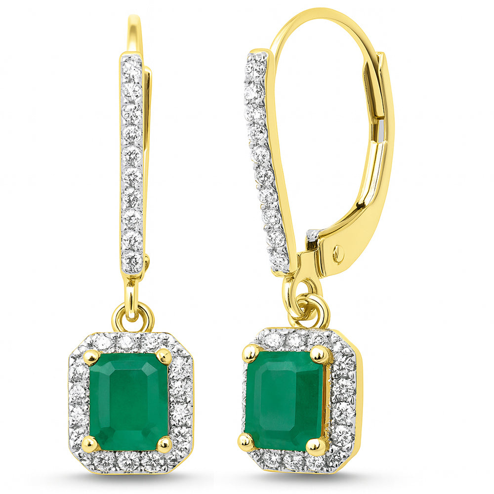 .99ct G SI 14K Yellow Gold Diamond & Emerald Gemstone Lever Back Drop Earrings