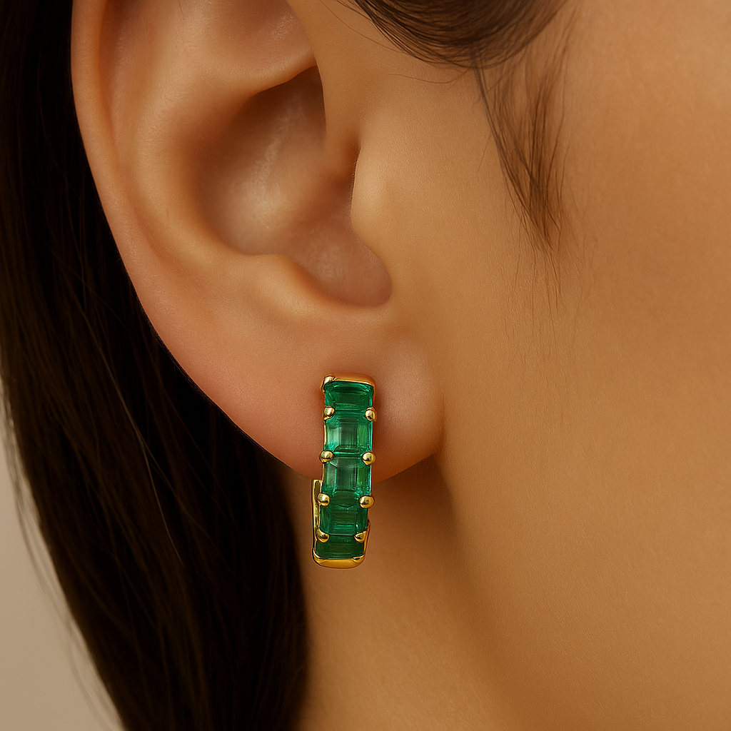 4.50ct G SI 14K Yellow Gold Emerald Cut Emerald Gemstones Hoop Huggie Earrings