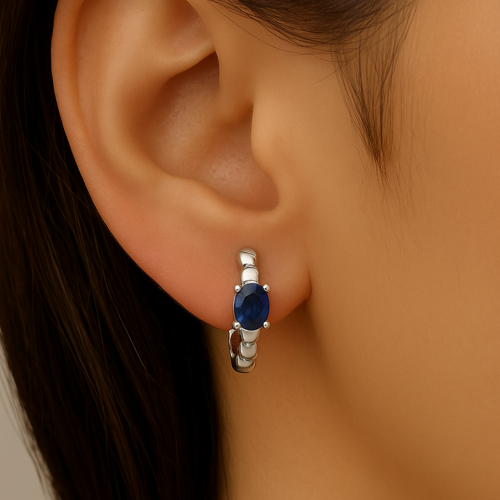 .55ct 14K White Gold Blue Sapphire Gemstone Hoop Earrings