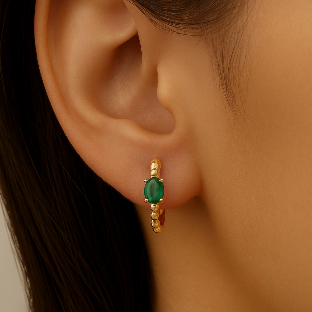.29ct 14K Yellow Gold Emerald Gemstone Hoop Earrings