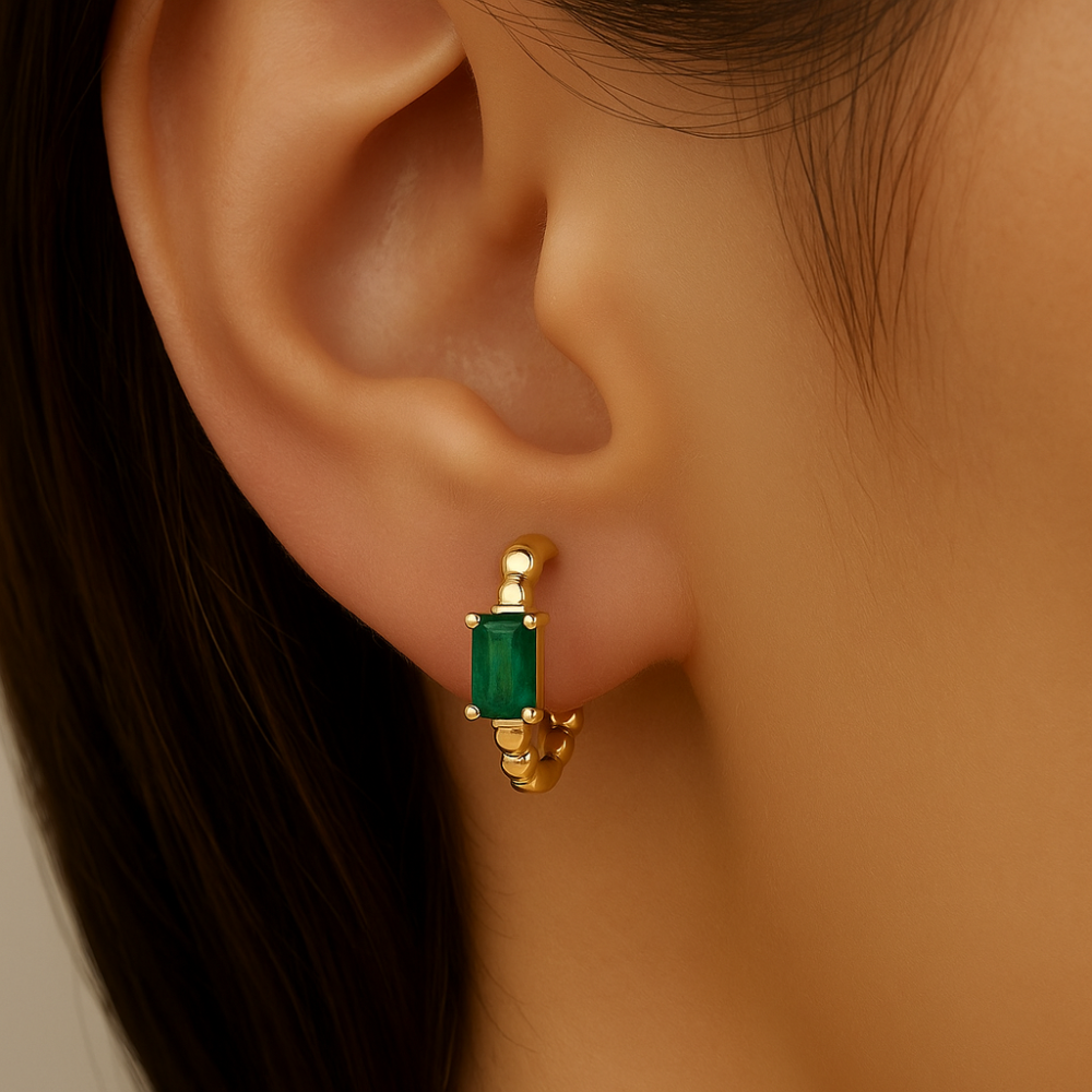 .68ct 14K Yellow Gold Emerald Gemstone Hoop Earrings