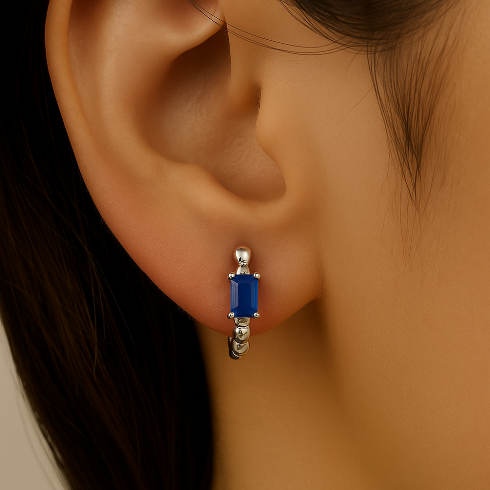 .65ct 14K White Gold Blue Sapphire Gemstone Hoop Earrings