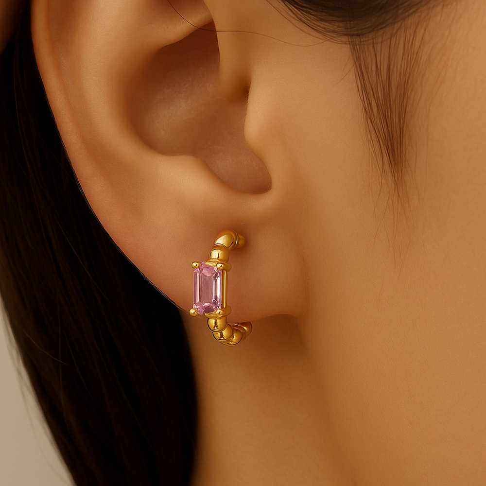 .60ct 14K Yellow Gold Pink Sapphire Gemstone Hoop Earrings