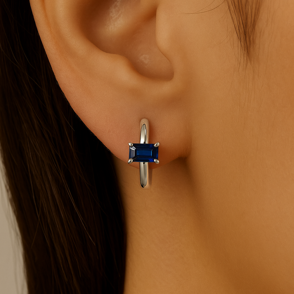 .93ct 14K White Gold Blue Sapphire Gemstone Petite Hoop Earrings