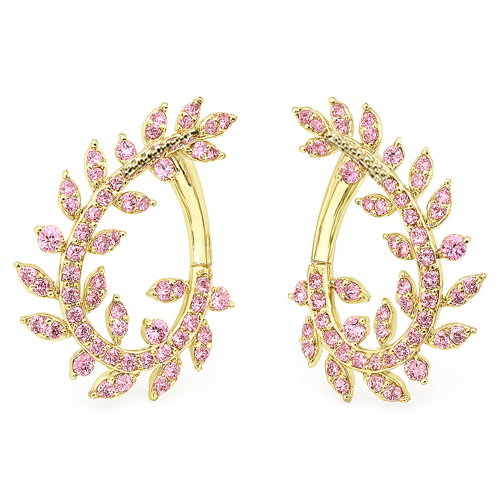 1.02ct G SI 14K Yellow Gold Pink Sapphire Gemstone Olive Branch Ear Crawler Earrings