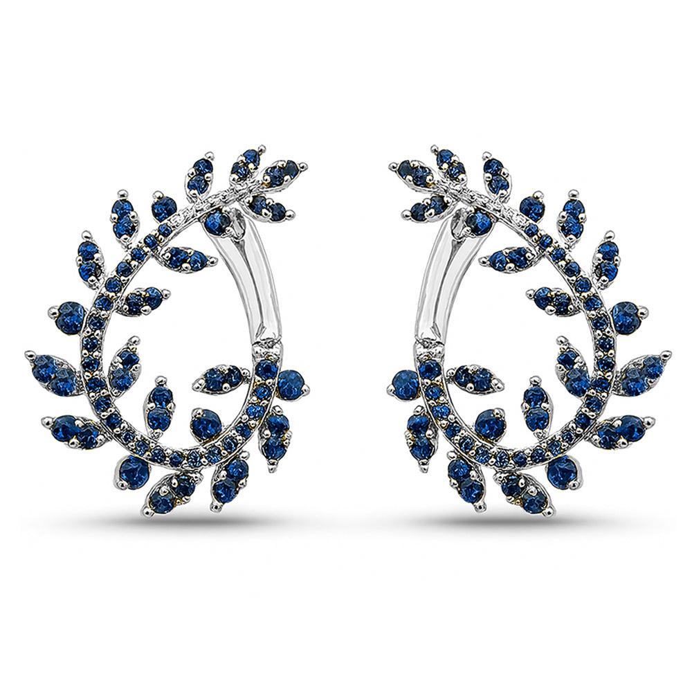 1.38ct G SI 14K White Gold Blue Sapphire Gemstone Olive Branch Ear Crawler Earrings