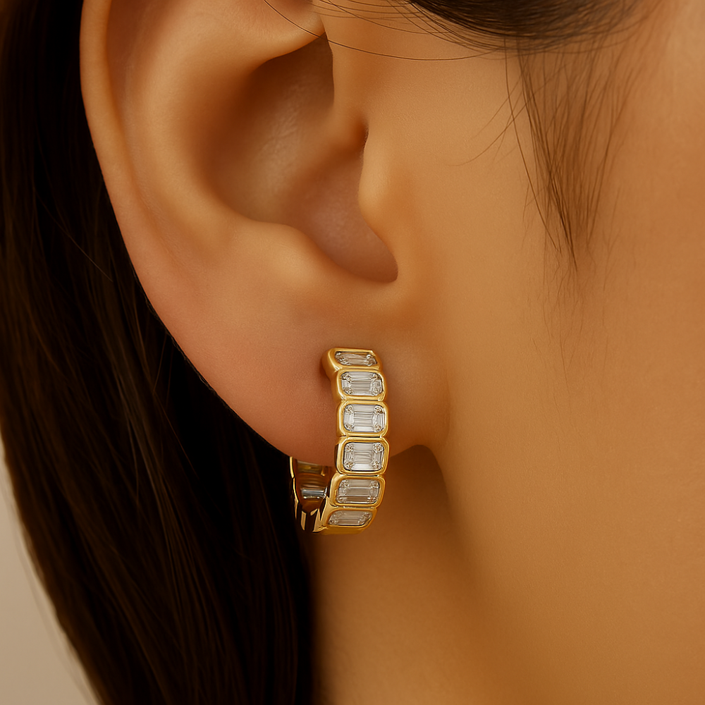 2.33ct G SI 14K Yellow Gold Bezel Set Emerald Cut Diamond Hoop Huggie Earrings