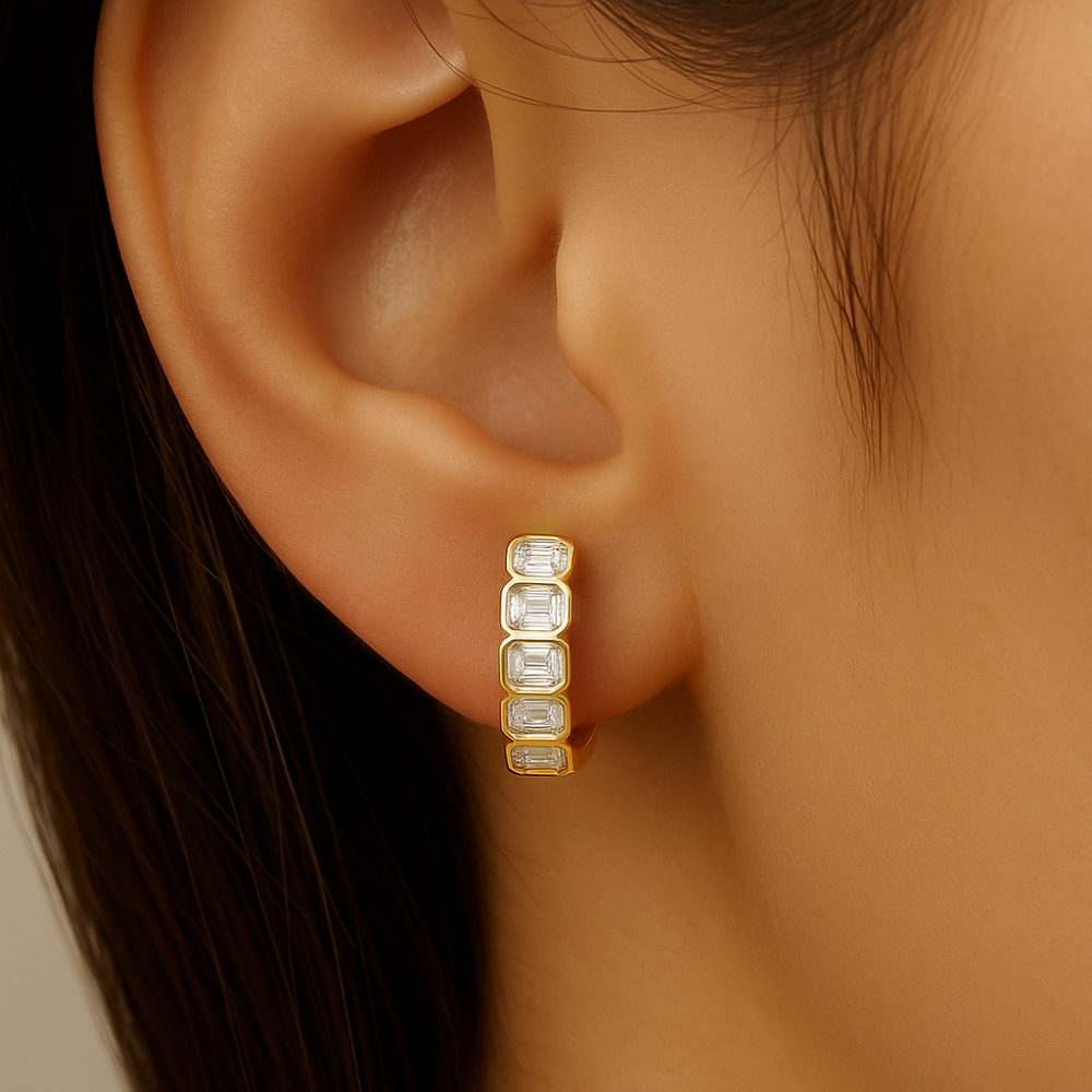 1.56ct G SI 14K Yellow Gold Bezel Set Emerald Cut Diamond Hoop Huggie Earrings