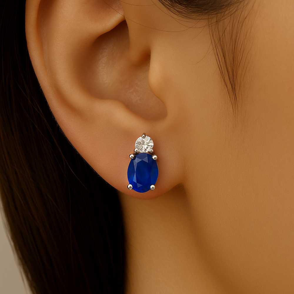 1.17ct G SI 14K White Gold Blue Sapphire Gemstone & Diamond Earrings