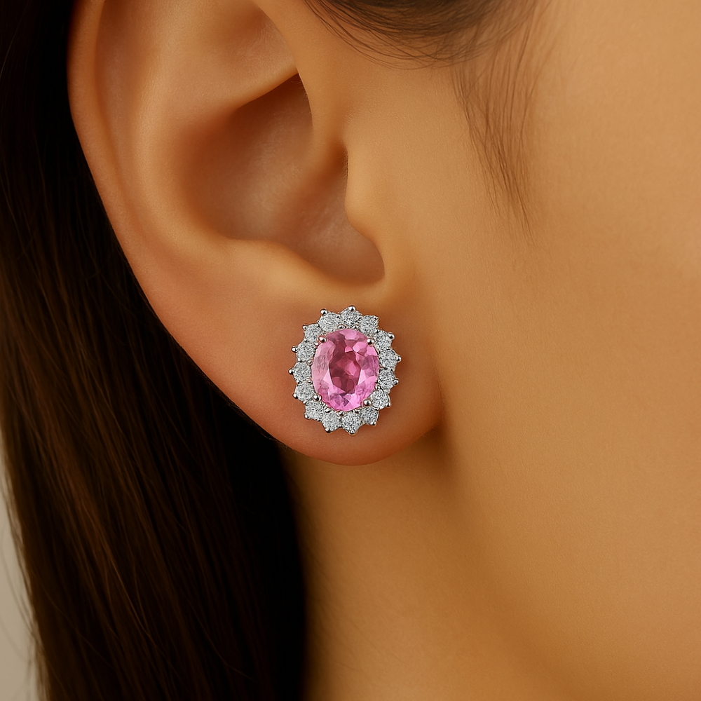 1.13ct G SI 14kt White Gold Diamond & Pink Sapphire Gemstone Earrings