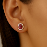 .57ct G SI 14kt Yellow Gold Diamond & Ruby Gemstone Halo Stud Earrings
