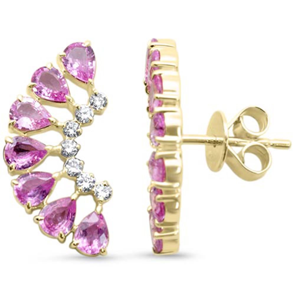 2.40ct G SI 14kt Yellow Gold Diamond & Pear Shape Pink Sapphire Gemstone Ear Crawler Earrings