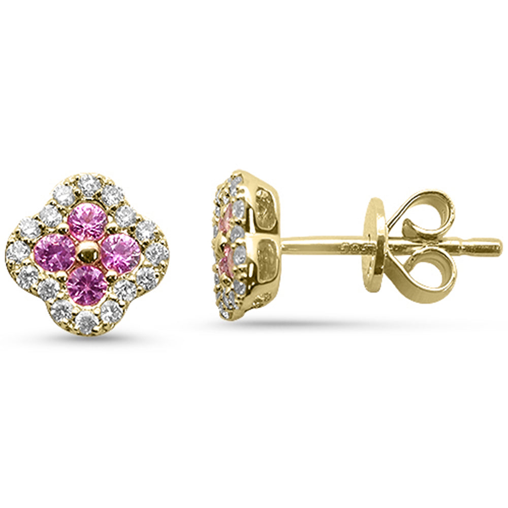 .53ct G SI 14kt Yellow Gold Diamond & Pink Sapphire Gemstone Petite Clover Earrings