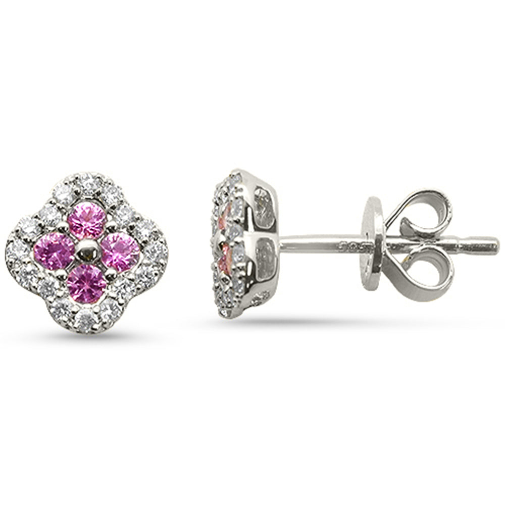 .49ct G SI 14kt White Gold Diamond & Pink Sapphire Gemstone Petite Clover Earrings