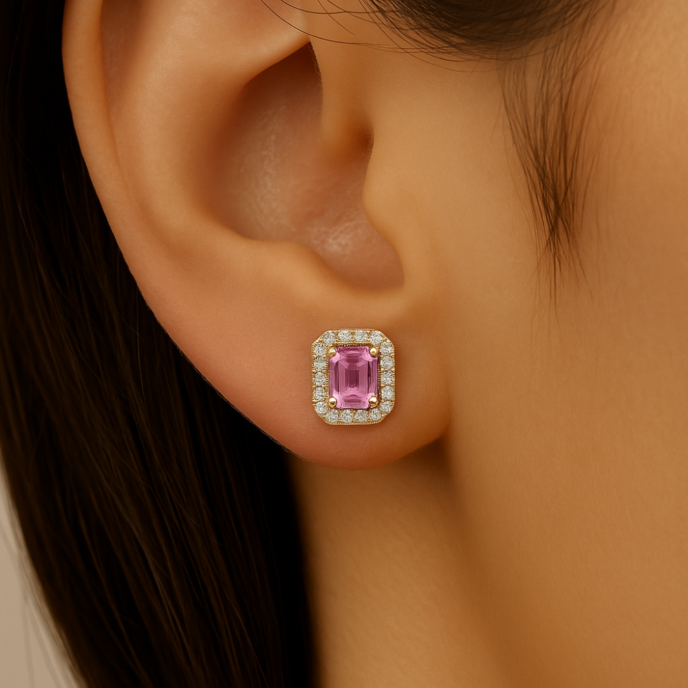 .72ct G SI 14kt Yellow Gold Diamond & Pink Sapphire Halo Gemstones Stud Earrings