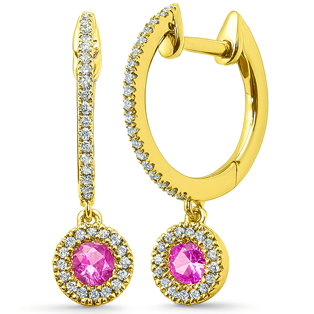 .38ct G SI 14kt Yellow Gold Diamond & Pink Sapphire Gemstones Dangling Hoop Earrings