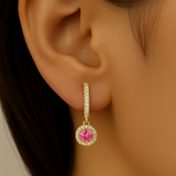 .38ct G SI 14kt Yellow Gold Diamond & Pink Sapphire Gemstones Dangling Hoop Earrings