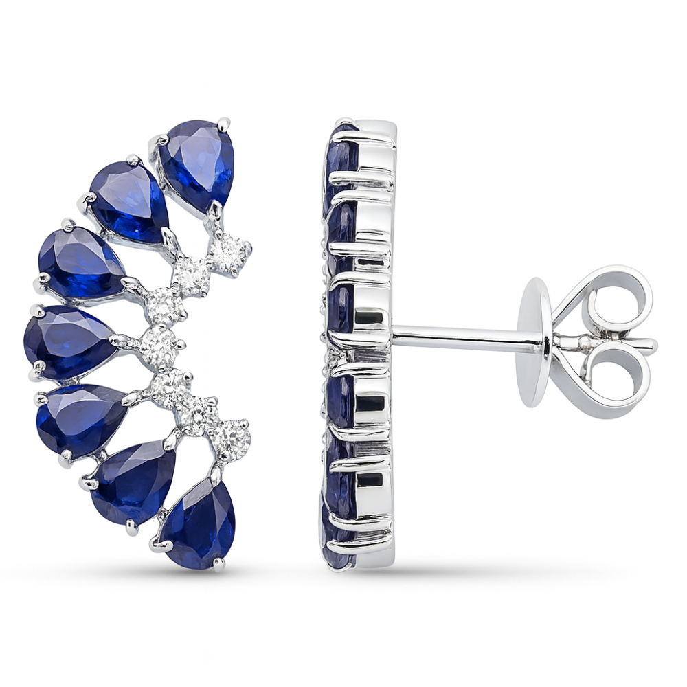 3.14ct G SI 14kt White Gold Diamond & Pear Shape Blue Sapphire Gemstone Ear Crawler Earrings