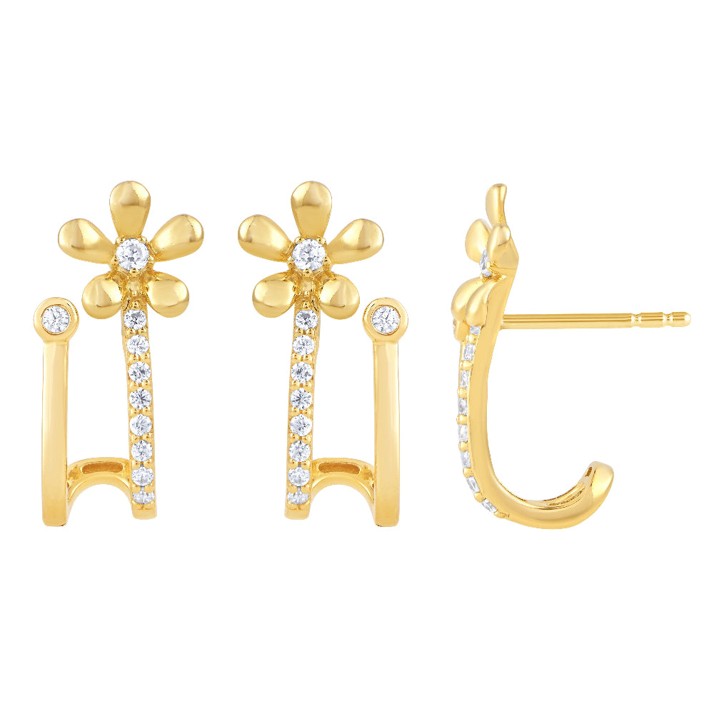 <span style="color:purple">SPECIAL!</span> .20ct G SI 14kt Yellow Gold Diamond Flower Double J Hoop Earrings