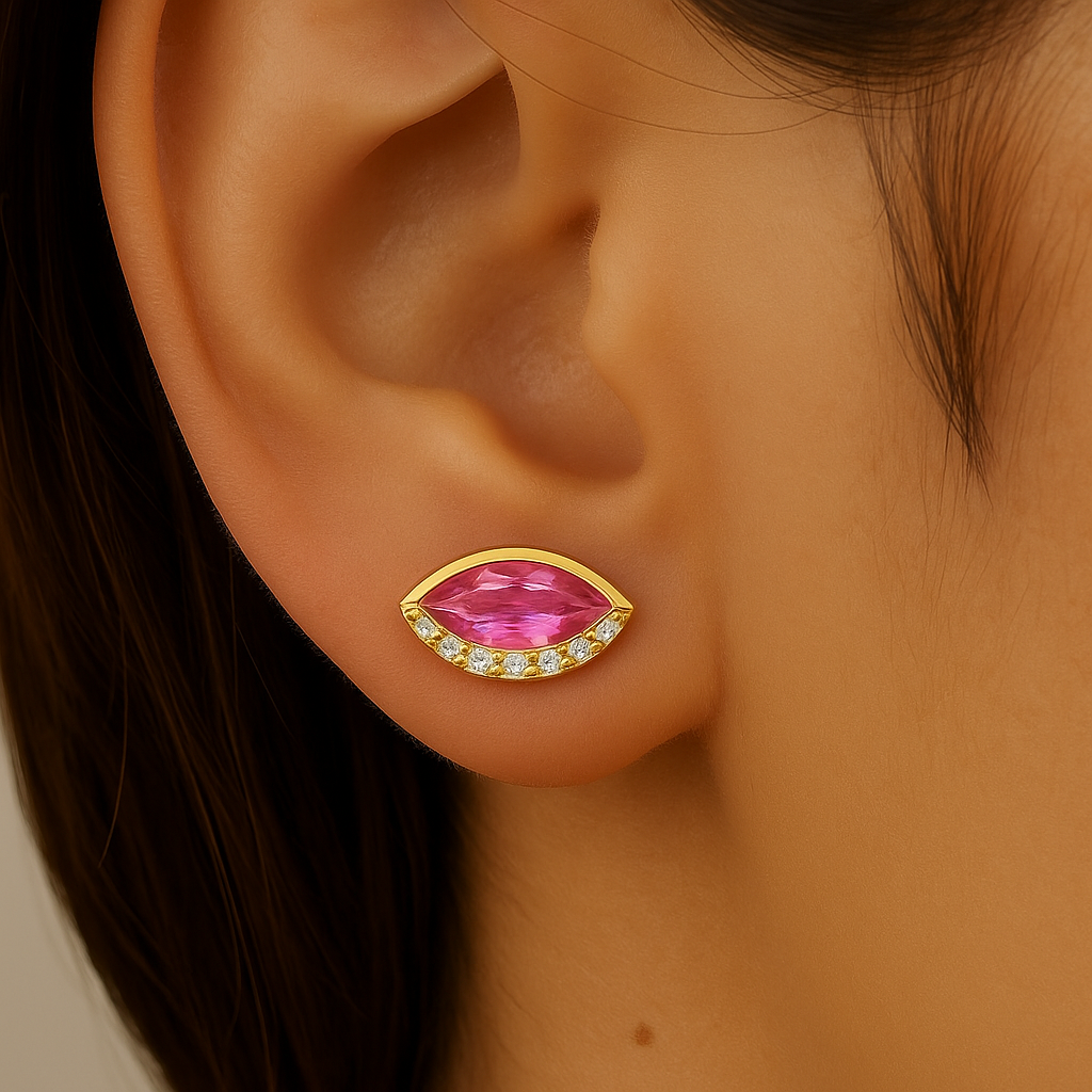 .94ct G SI 14KT Yellow Gold Diamond & Pink Sapphire Gemstone Evil Eye Earrings