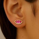 .94ct G SI 14KT Yellow Gold Diamond & Pink Sapphire Gemstone Evil Eye Earrings