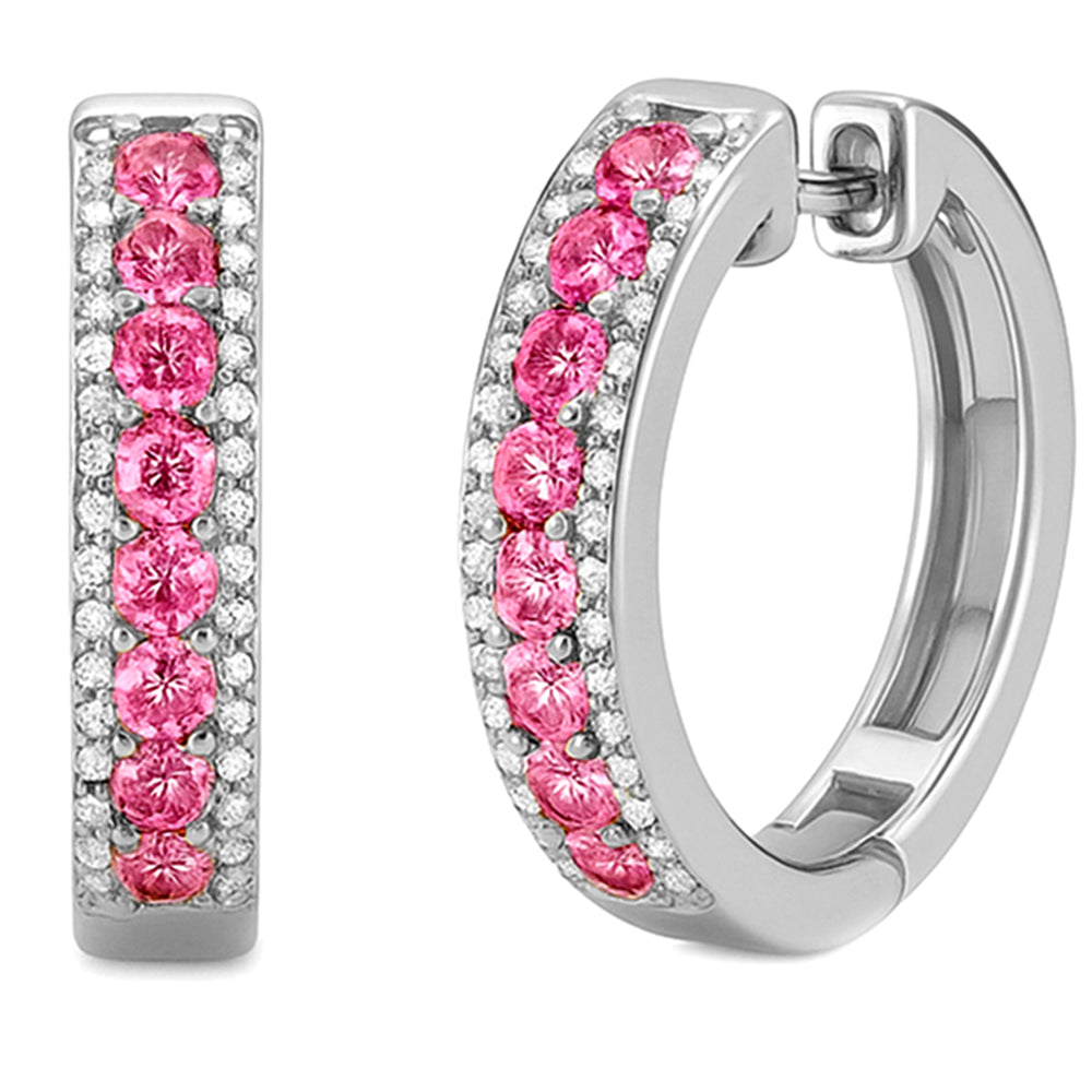 .58ct G SI 14KT White Gold Round Diamond & Pink Sapphire Gemstone Hoop Earrings