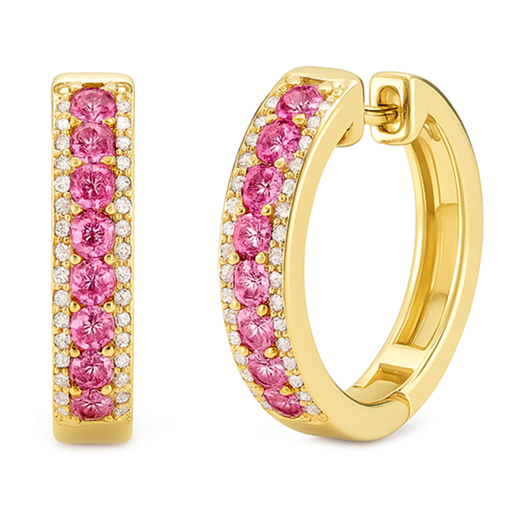 .59ct G SI 14KT Yellow Gold Round Diamond & Pink Sapphire Gemstone Hoop Earrings