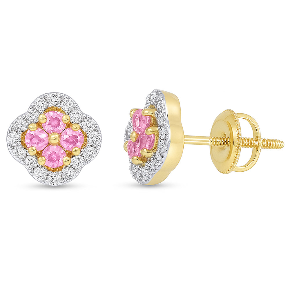 .79ct G SI 14kt Yellow Gold Diamond & Pink Sapphire Clover Gemstone Earrings