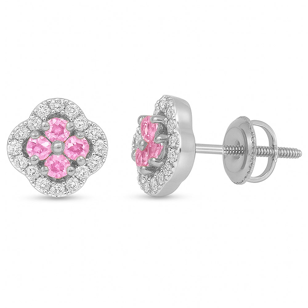 .89ct G SI 14kt White Gold Diamond & Pink Sapphire Clover Gemstone Earrings