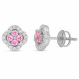 .89ct G SI 14kt White Gold Diamond & Pink Sapphire Clover Gemstone Earrings