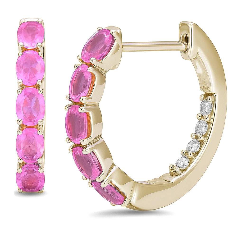  1.63ct G SI 14kt Yellow Gold Oval Pink Sapphire Gemstone & Diamond Hoop Earrings