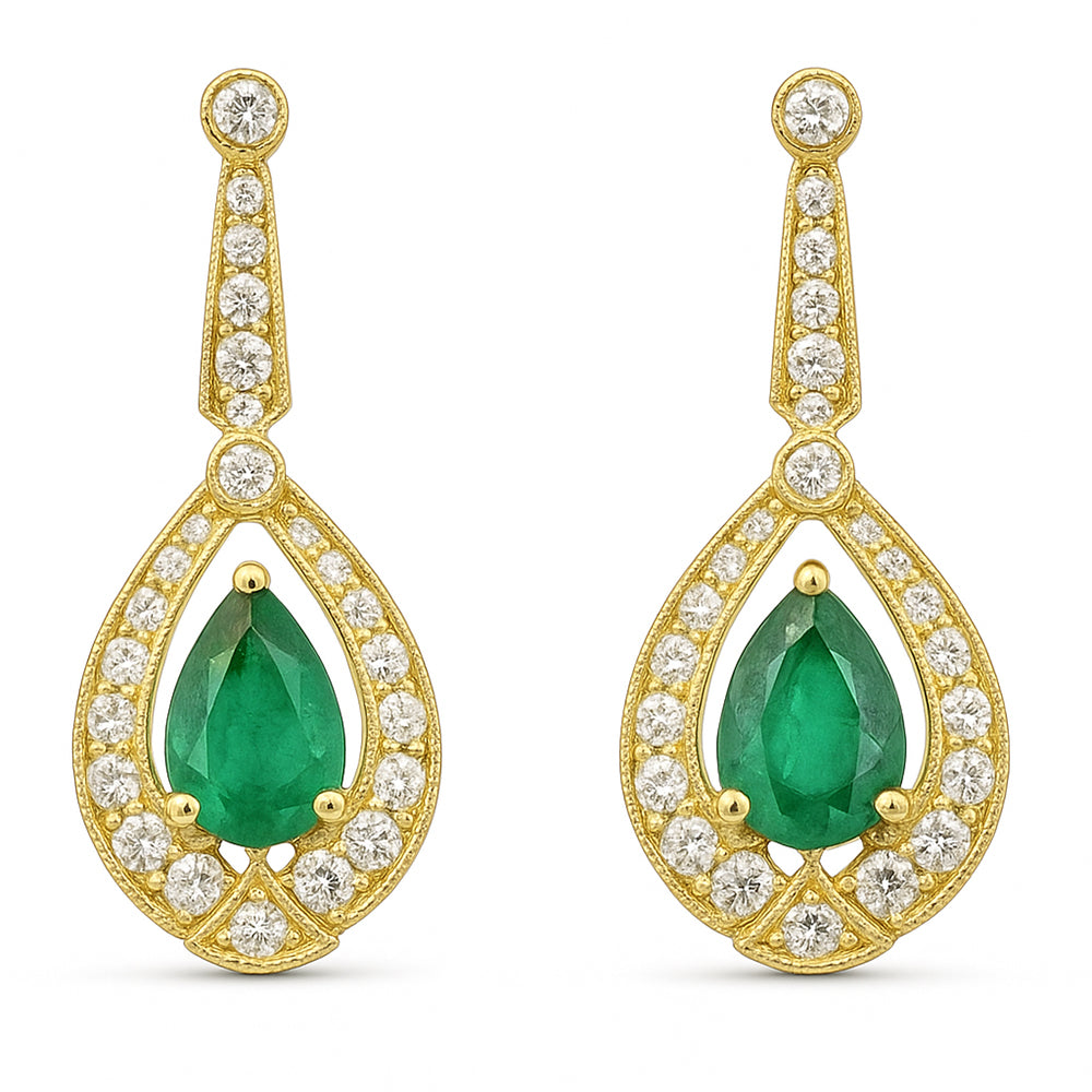 1.05ct G SI 14kt Yellow Gold Diamond & Emerald Gemstone Earrings