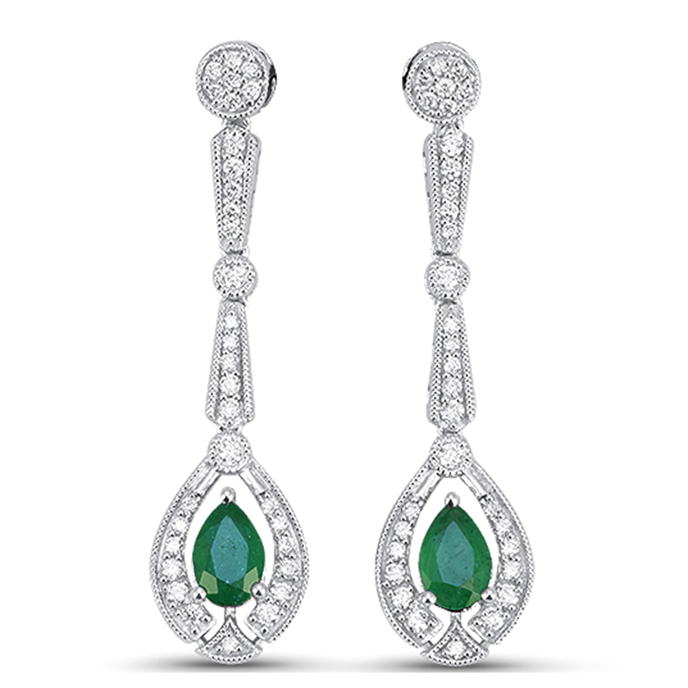 1.18ct G SI 14kt White Gold Diamond & Emerald Gemstone Teardrop Earrings
