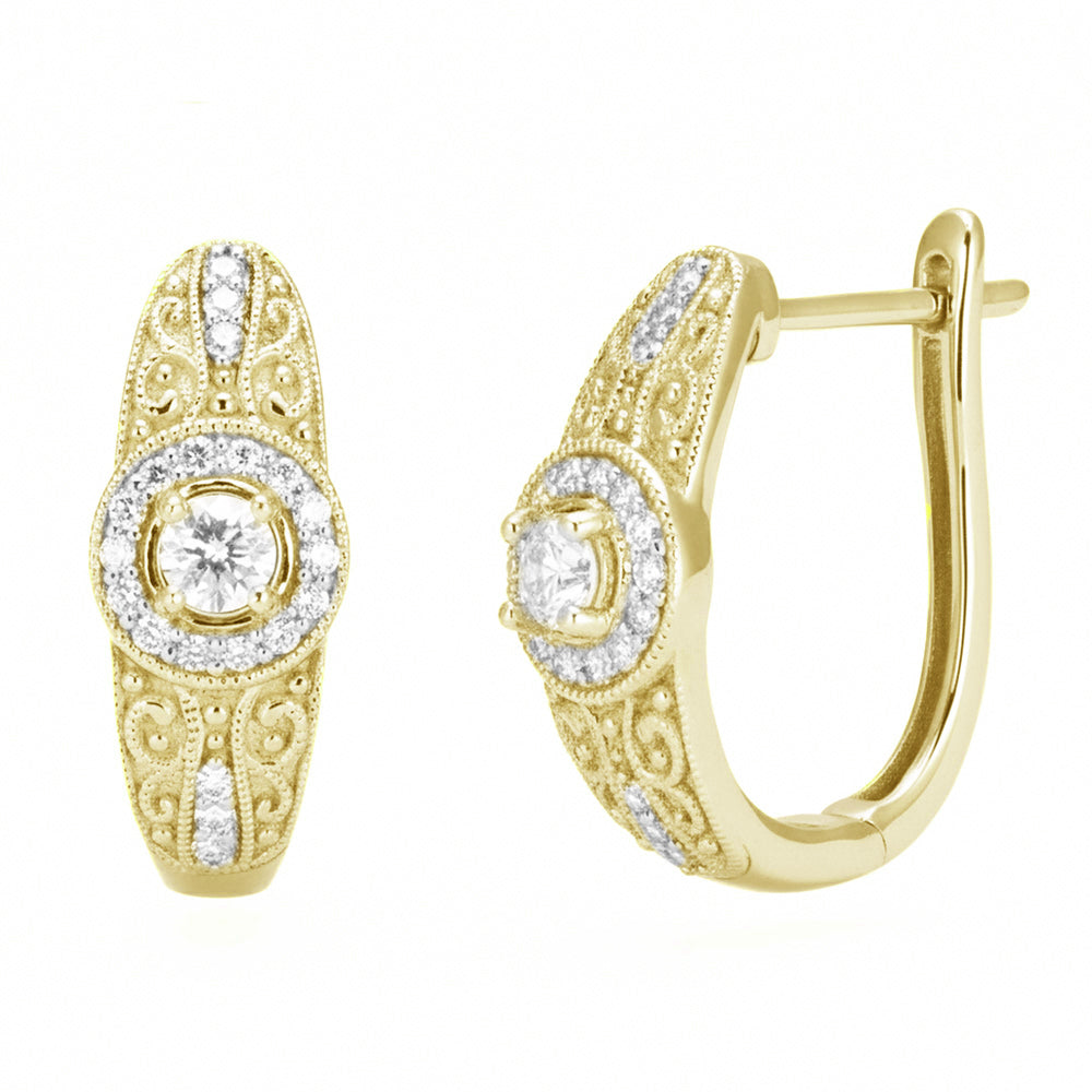 .43ct G SI 14kt Yellow Gold Diamond Filigree Design J Hoop Earrings