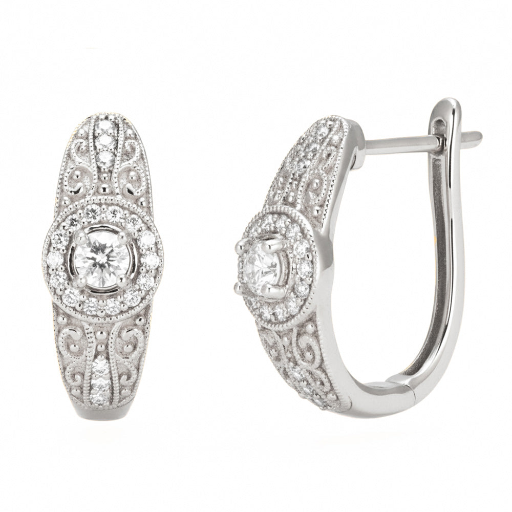.42ct G SI 14kt White Gold Diamond Filigreee Design J Hoop Earrings