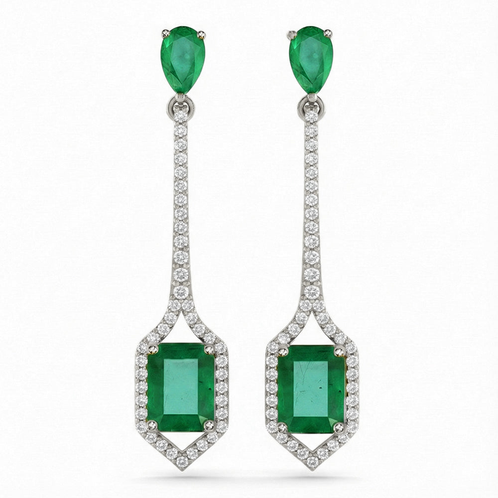 2.31ct G SI 14kt White Gold Diamond & Emerald Gemstone Drop Earrings
