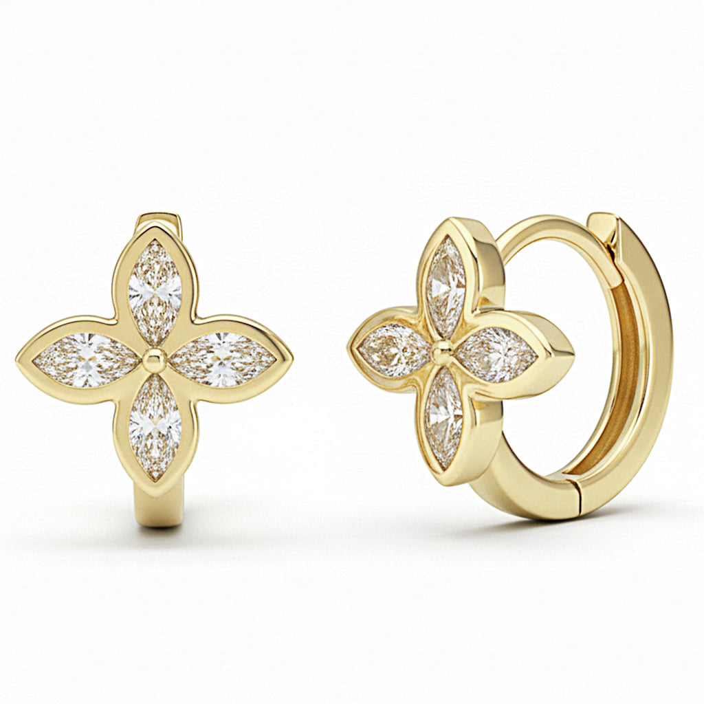 .57ct G SI 14kt Yellow Gold Diamond Flower Shape Bezel Set Huggie Hoop Earrings