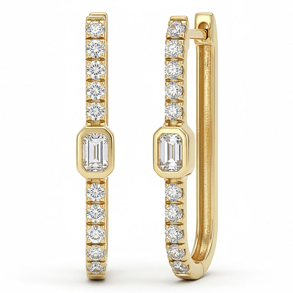 .66ct G SI 14kt Yellow Gold Emerald Cut Diamond Bezel Set Hoop Earrings