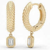 .30ct G SI 14kt Yellow Gold Scalloped Hoop Huggie Emerald Cut Diamond Bezel Set Earrings