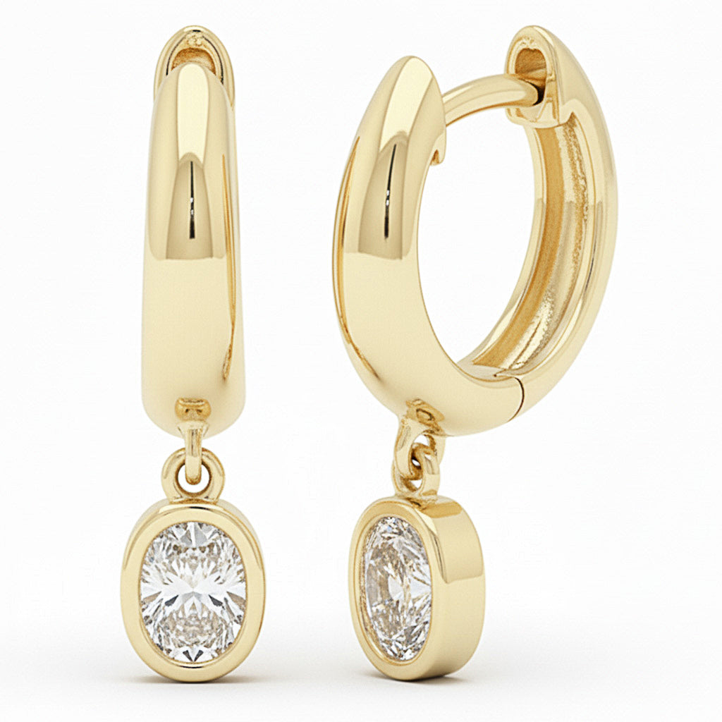 .25ct G SI 14kt Yellow Gold Oval Diamond Bezel Set Huggie Drop Earrings