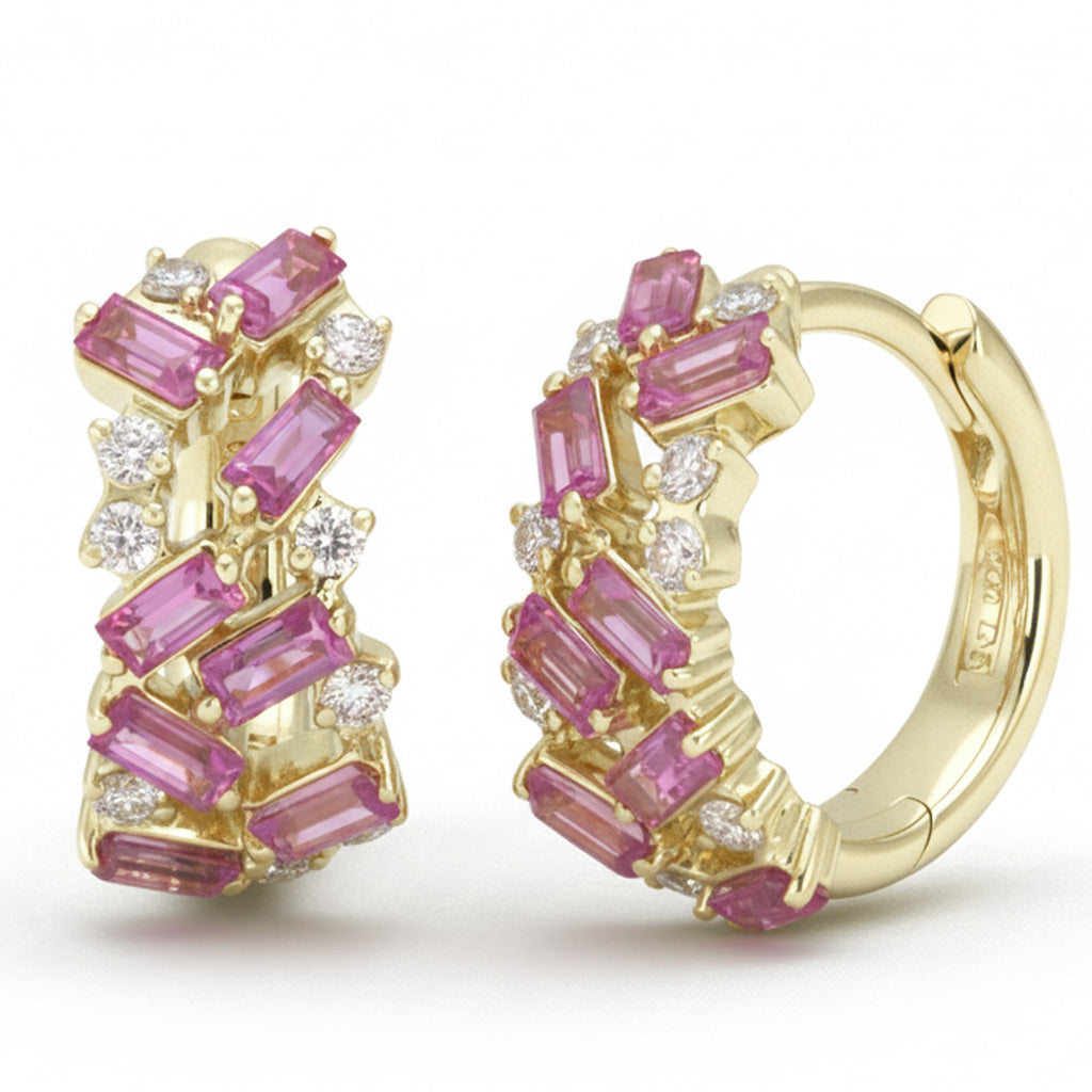 <span style="color:purple">¡ESPECIAL!</span> Pendientes de aro de oro amarillo de 14 kt con diamantes y zafiros rosas de 1,36 ct G SI