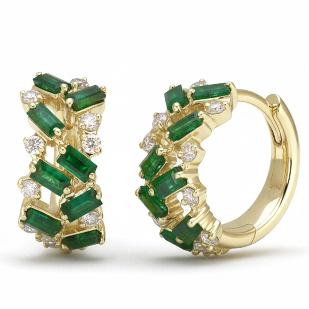 1.02ct G SI 14kt Yellow Gold Diamond & Emerald Gemstone Hoop Earrings