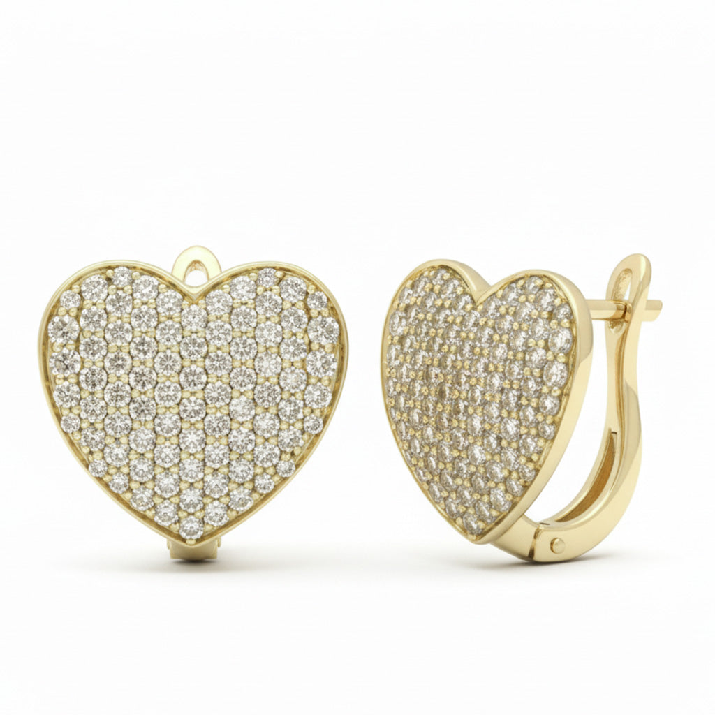 1.17ct G SI 14kt Yellow Gold Round Diamond Pave Heart Shape Earrings
