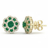 1.05ct G SI 14kt Yellow Gold Diamond & Emerald Gemstone Flower Earrings