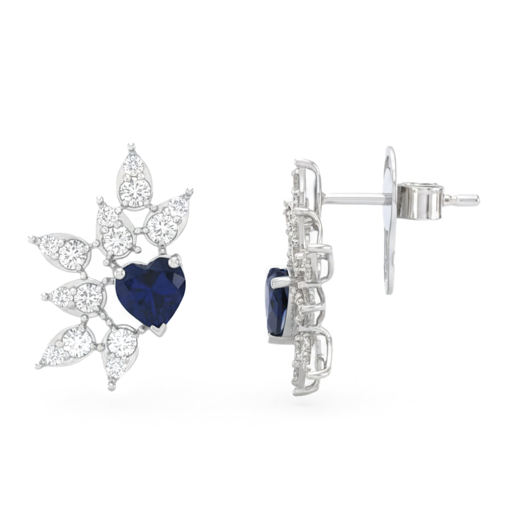 1.57ct G SI 14kt White Gold Diamond & Heart Shaped Blue Sapphire Gemstone Stud Earrings