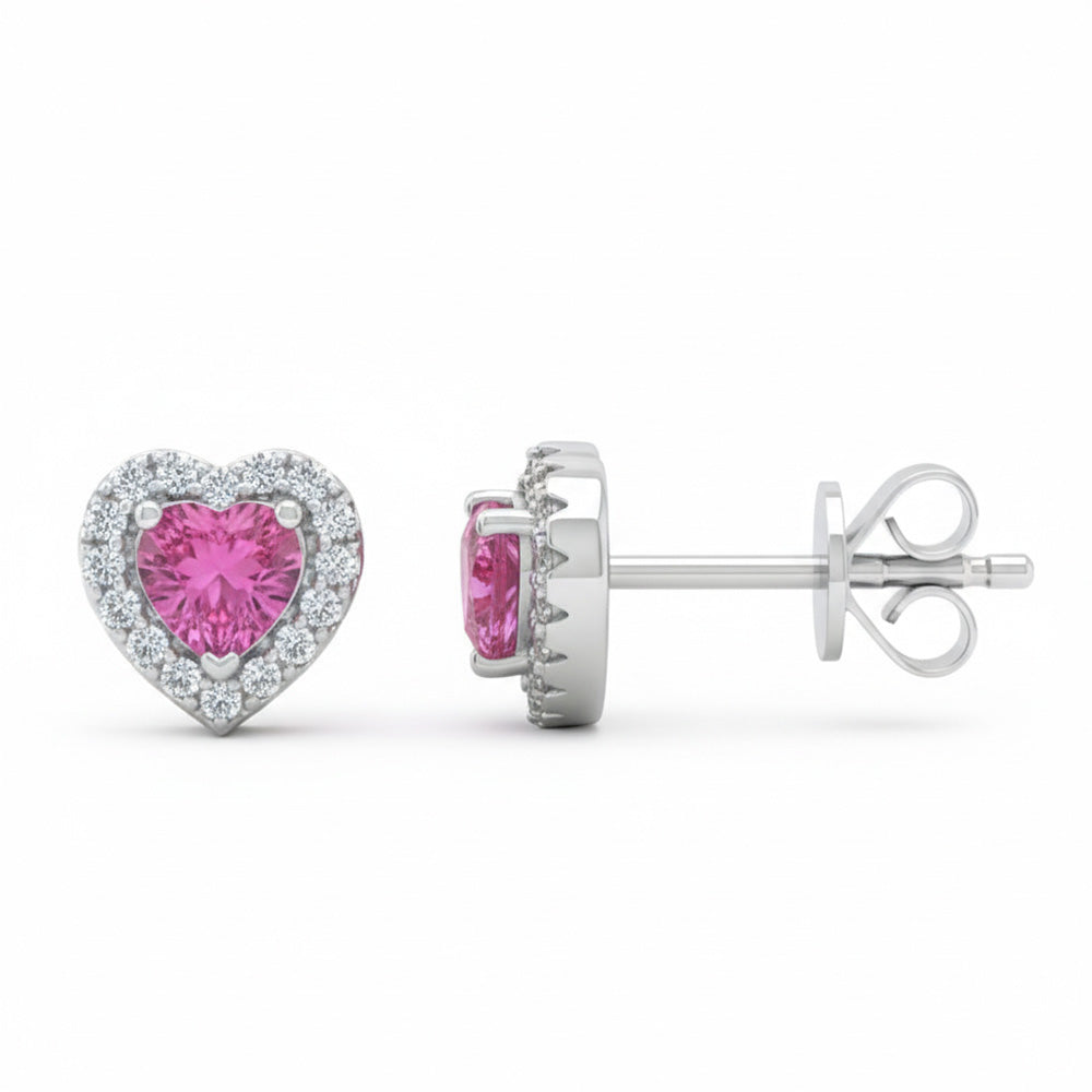 .60ct G SI 14kt White Gold Diamond & Pink Sapphire Gemstone Heart Shape Stud Earrings